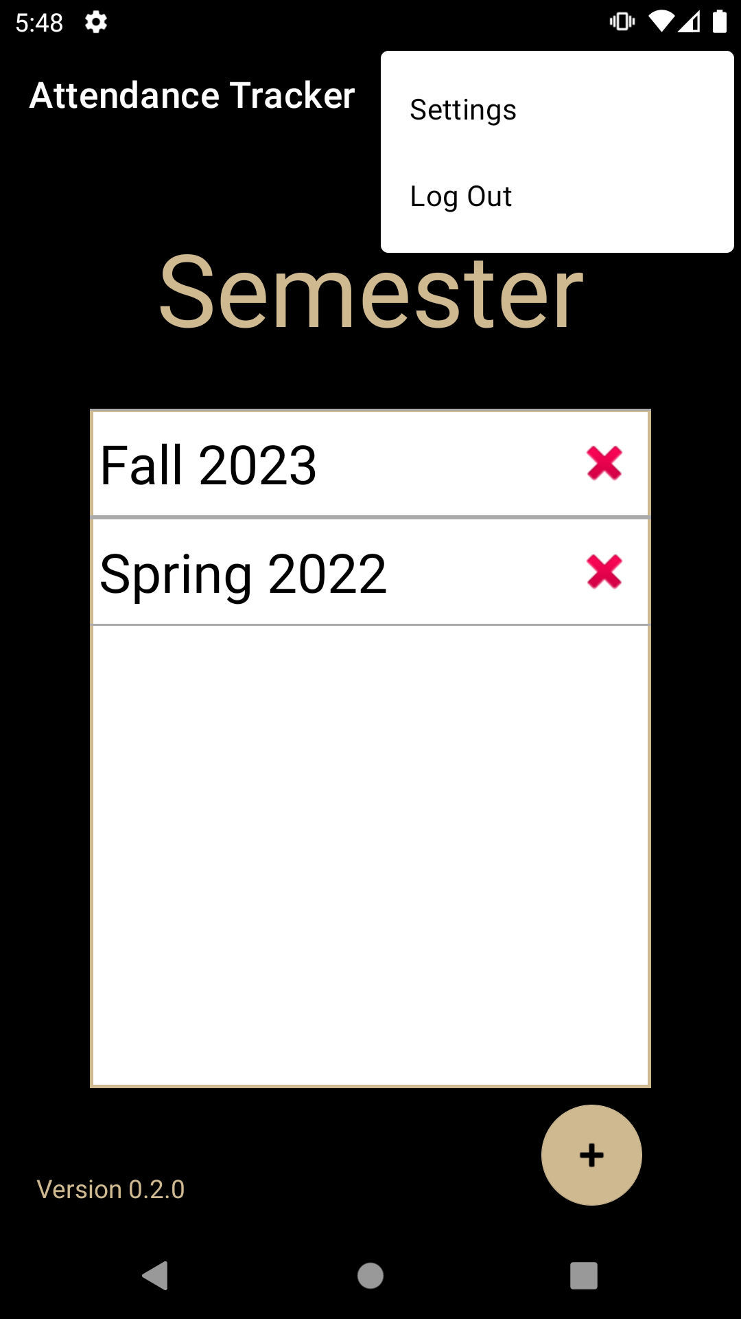 
Menu in the list of semesters.