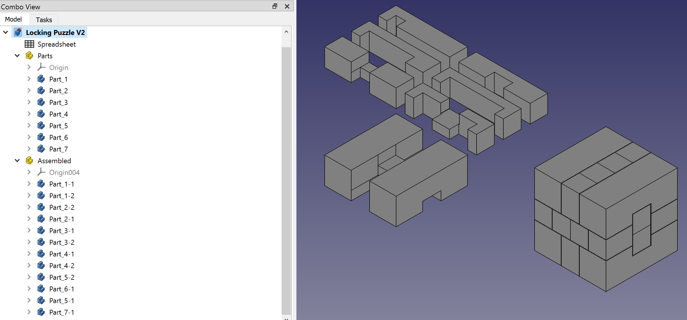 Screenshot from FreeCAD with Puzzle Pieces and Assembly.