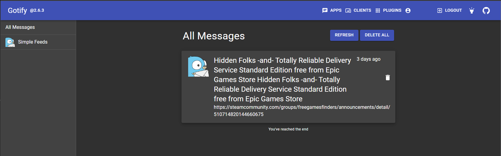 Gotify Main Screen with feed example
Gotify Main Screen with feed example
